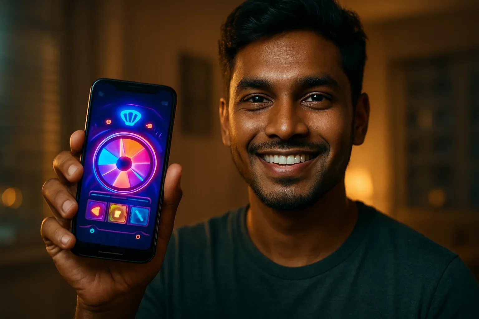 Young Bangladeshi man holding smartphone with glowing casino app interface