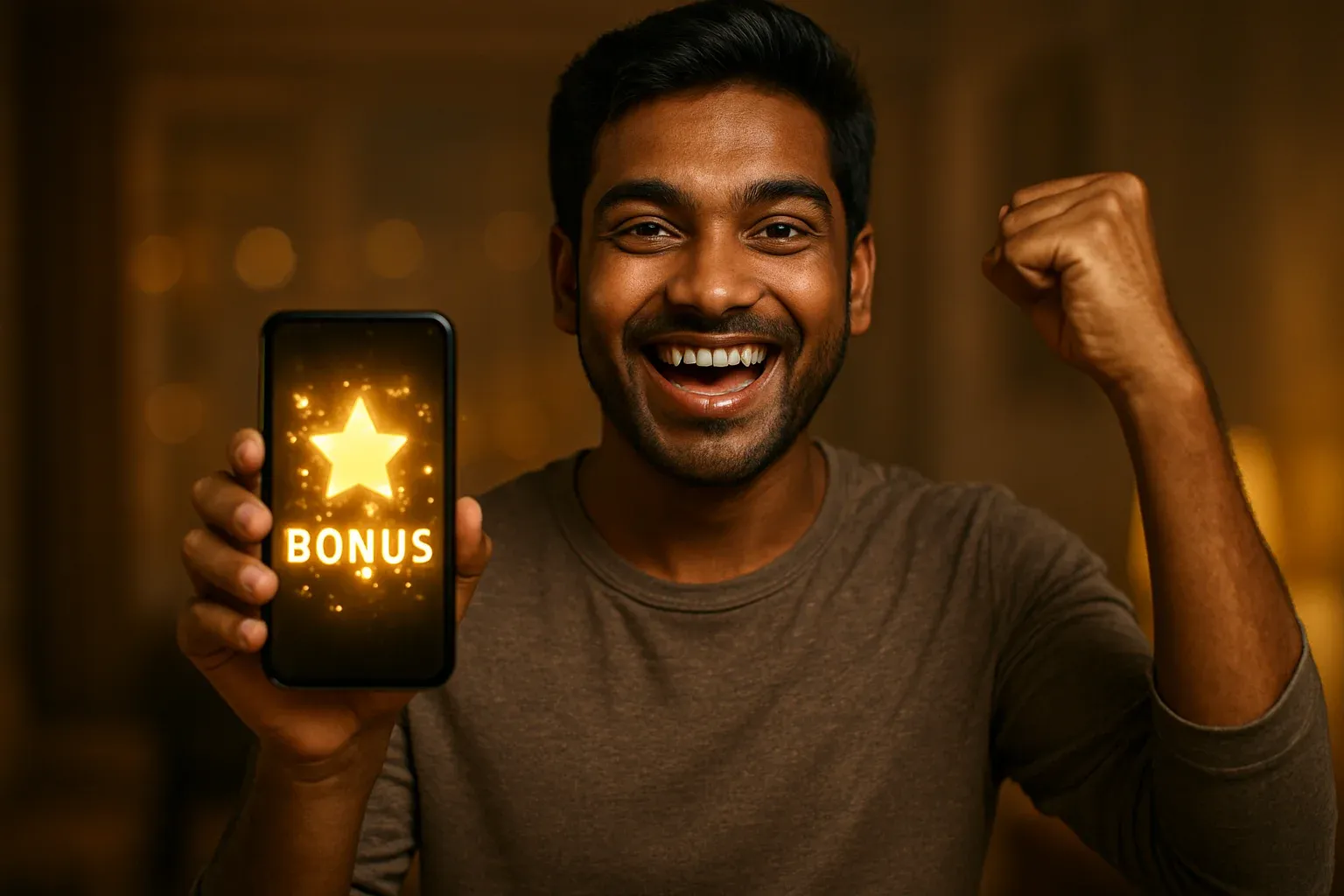 Joyful Bangladeshi man holding smartphone with glowing bonus notification screen