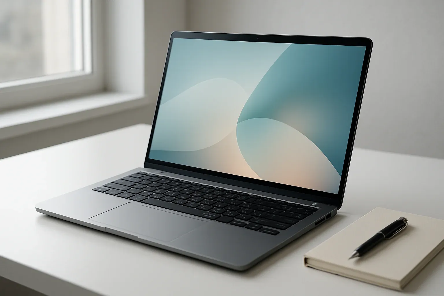 Modern laptop on white desk with abstract glowing screen