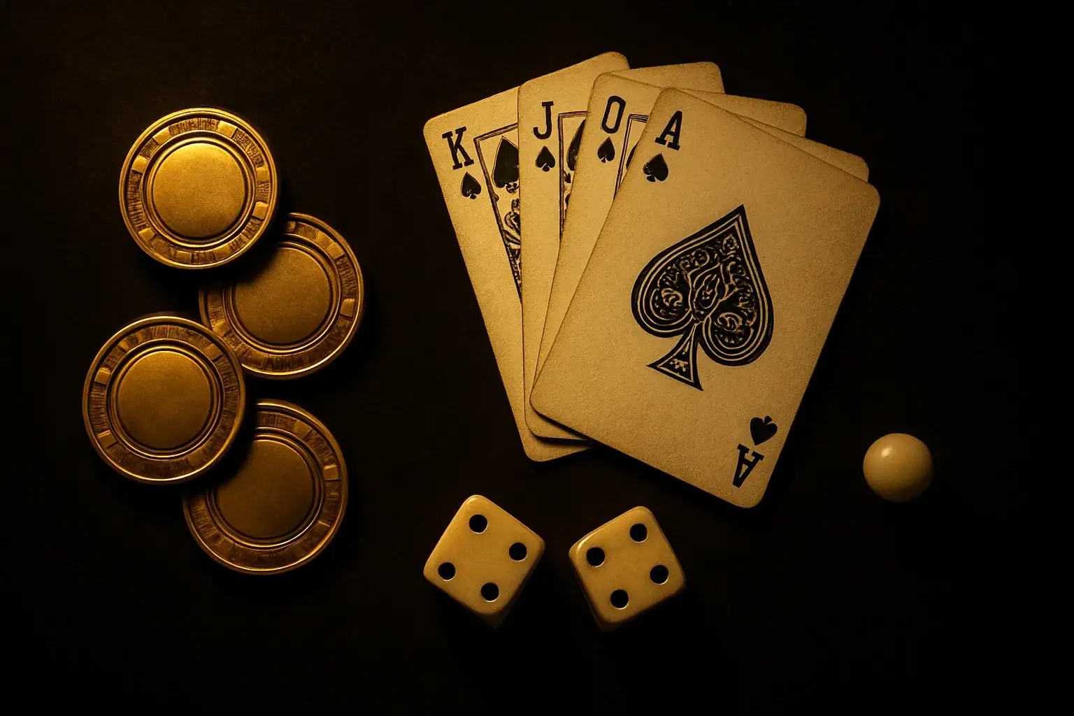 Top-down casino scene with golden chips, cards, dice, and roulette ball