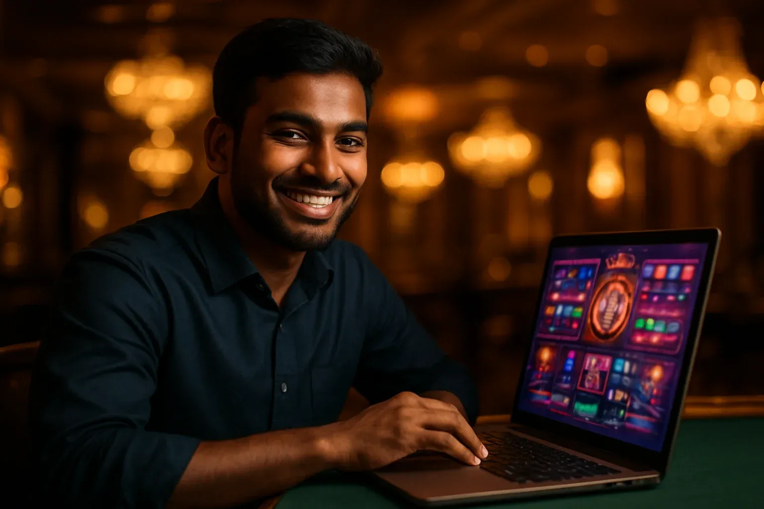 Cheerful Bangladeshi man with open laptop showing colorful casino interface