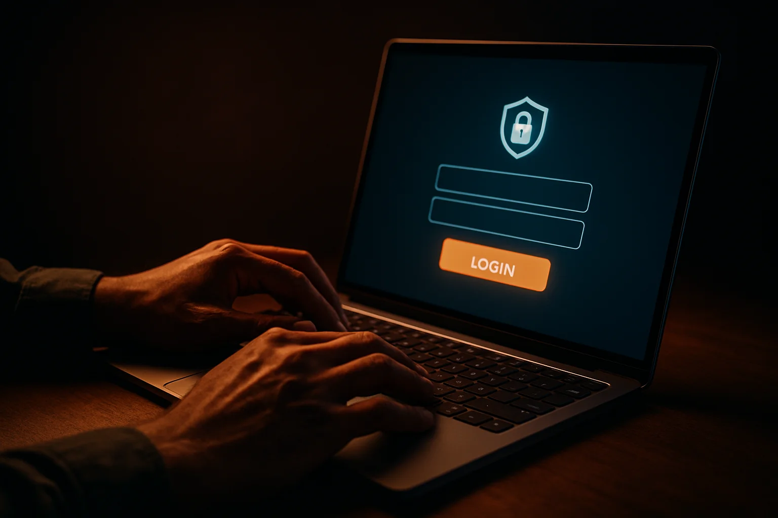 Bangladeshi man's hands on laptop showing stylized login form