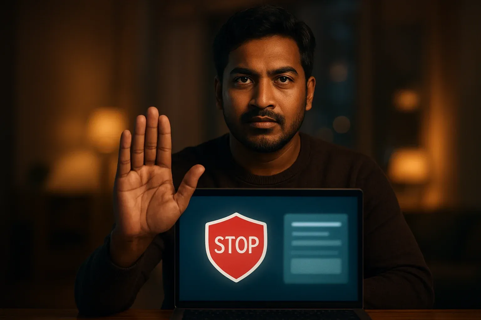 Bangladeshi man shows stop gesture beside laptop with responsible gambling icons