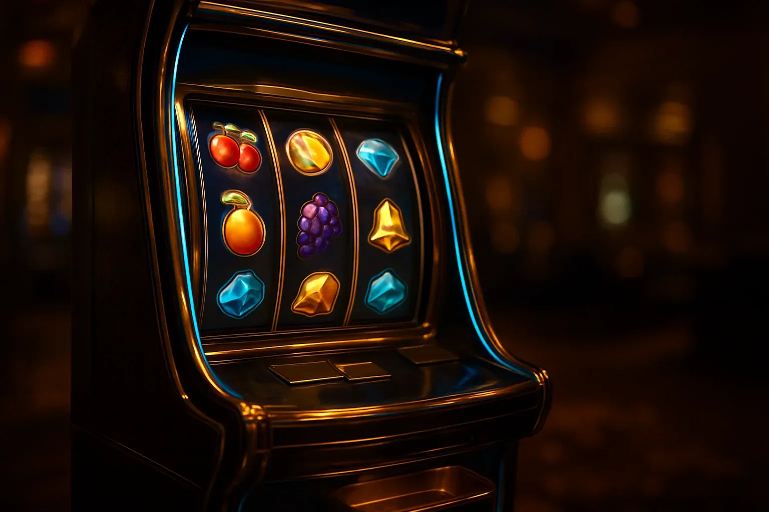 Hyperrealistic premium slot machine with three vertical reels in luxury casino